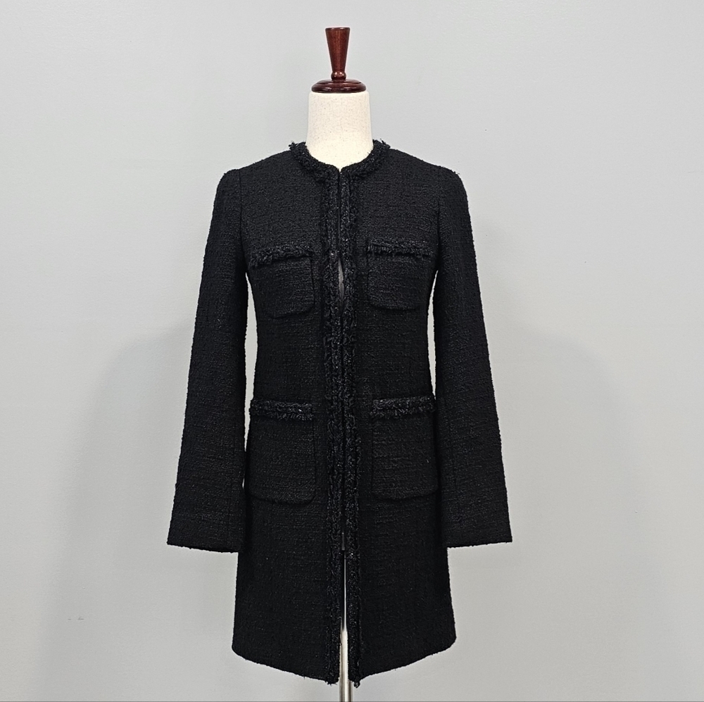J. Crew Ladies Black Tweed Fringe Trim Coat - Size (00) - Excellent Condition